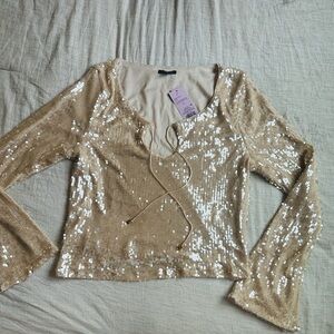 Wild Fable Ivory Sequin Blouse with Bell Sleeves Size Large